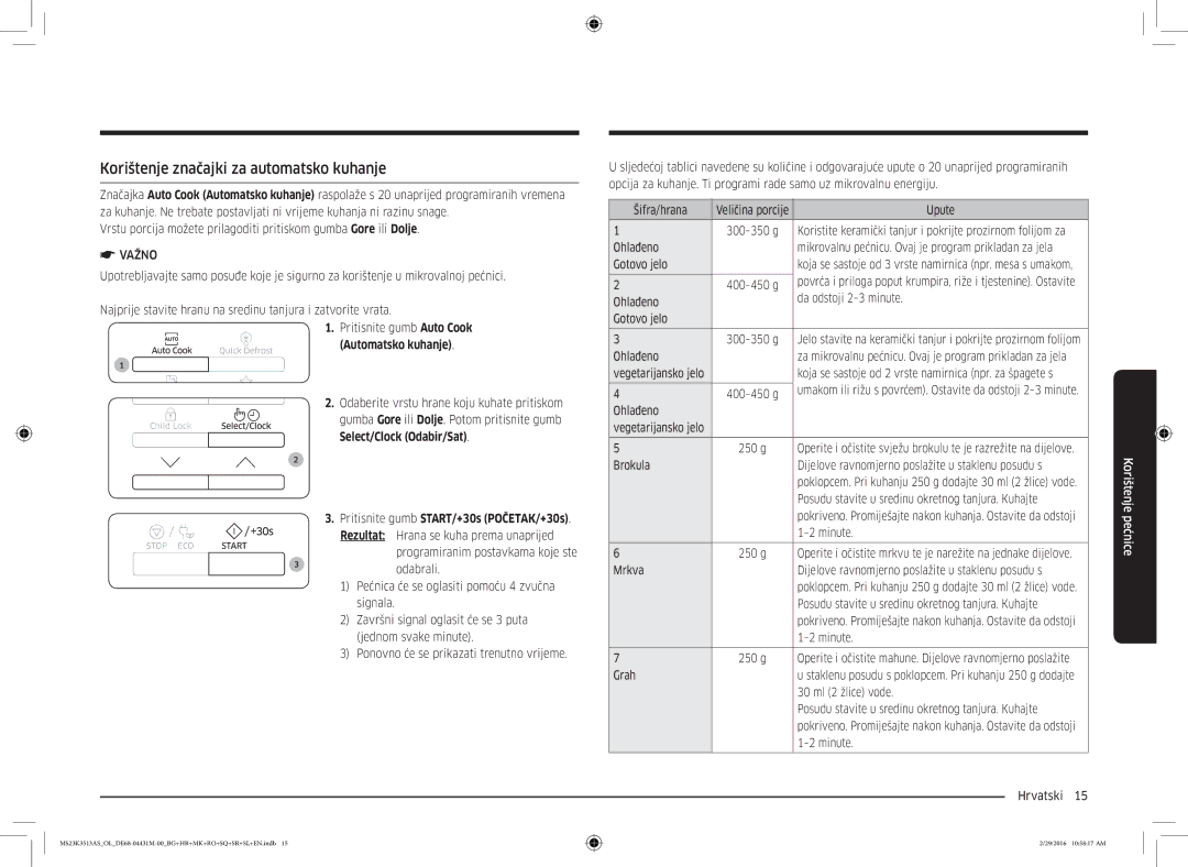 Samsung MS23K3513AK/EG, MS23K3513AK/OL manual Korištenje značajki za automatsko kuhanje, Automatsko kuhanje 