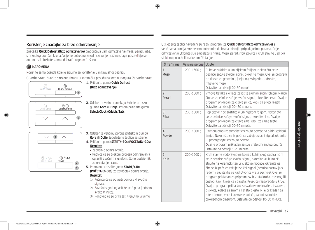 Samsung MS23K3513AK/EG, MS23K3513AK/OL manual Korištenje značajke za brzo odmrzavanje, Brzo odmrzavanje 