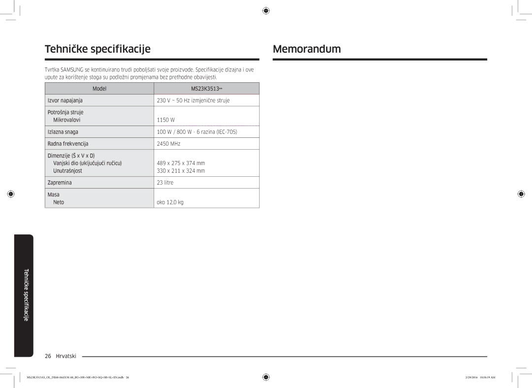 Samsung MS23K3513AK/OL, MS23K3513AK/EG manual Tehničke specifikacijeMemorandum 