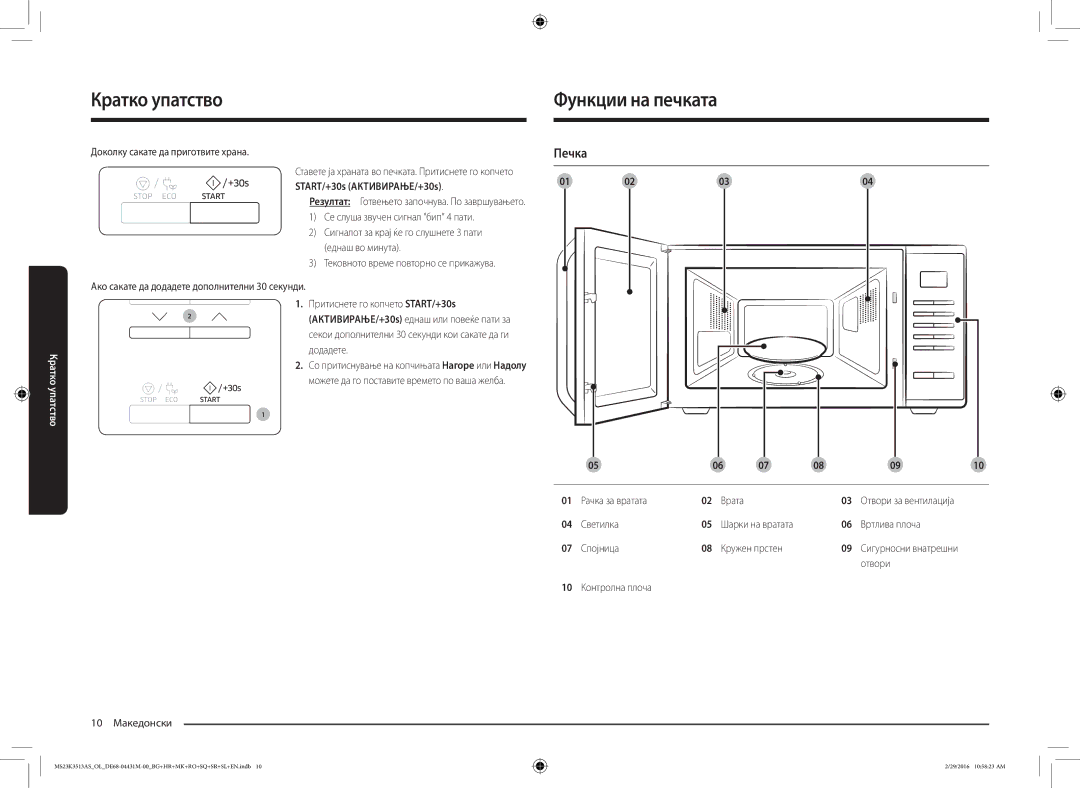 Samsung MS23K3513AK/OL, MS23K3513AK/EG manual Кратко упатство, Функции на печката, Печка 