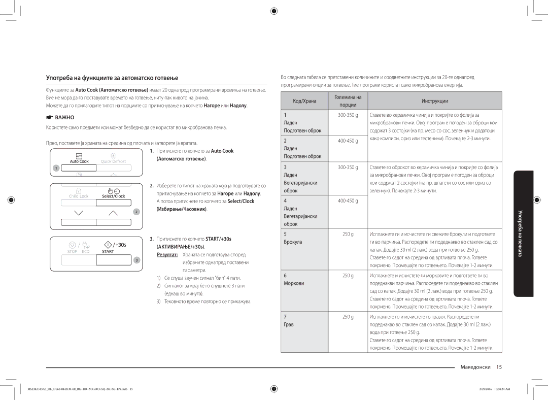 Samsung MS23K3513AK/EG, MS23K3513AK/OL Употреба на функциите за автоматско готвење, Автоматско готвење, АКТИВИРАЊЕ/+30s 