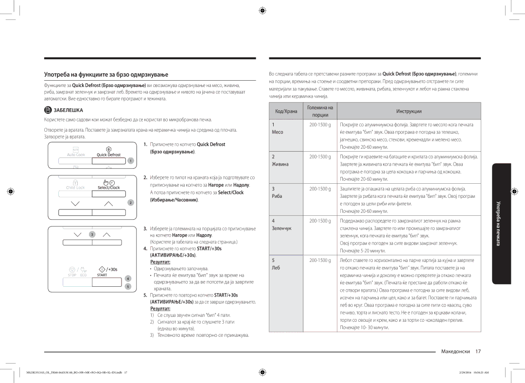 Samsung MS23K3513AK/EG, MS23K3513AK/OL manual Употреба на функциите за брзо одмрзнување, Брзо одмрзнување 