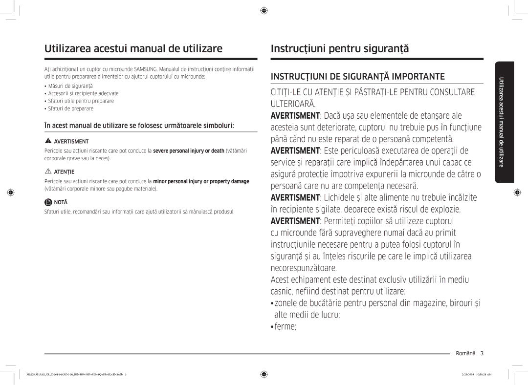 Samsung MS23K3513AK/EG Utilizarea acestui manual de utilizare, Instrucţiuni pentru siguranţă, Avertisment, Atenție, Notă 