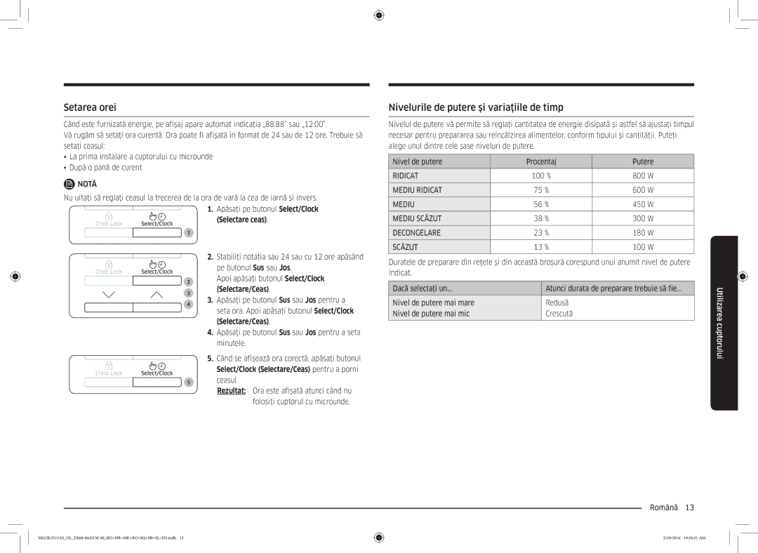 Samsung MS23K3513AK/EG manual Setarea orei, Nivelurile de putere şi variaţiile de timp, Selectare ceas, Selectare/Ceas 