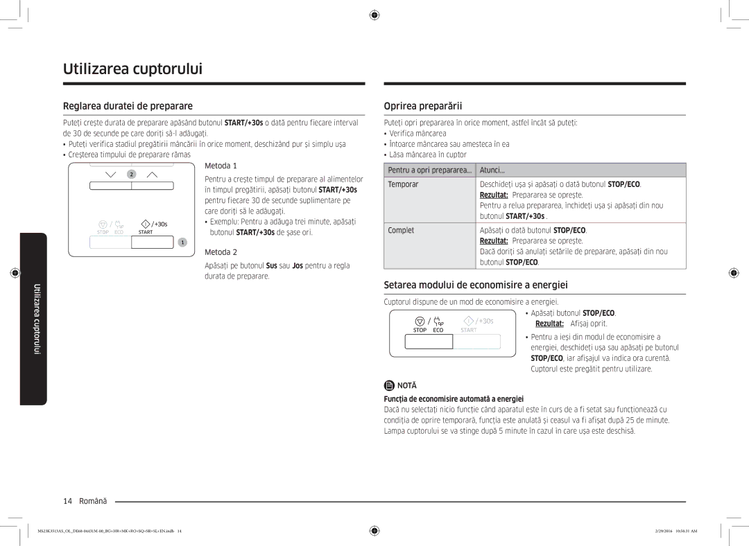 Samsung MS23K3513AK/OL manual Reglarea duratei de preparare, Oprirea preparării, Setarea modului de economisire a energiei 