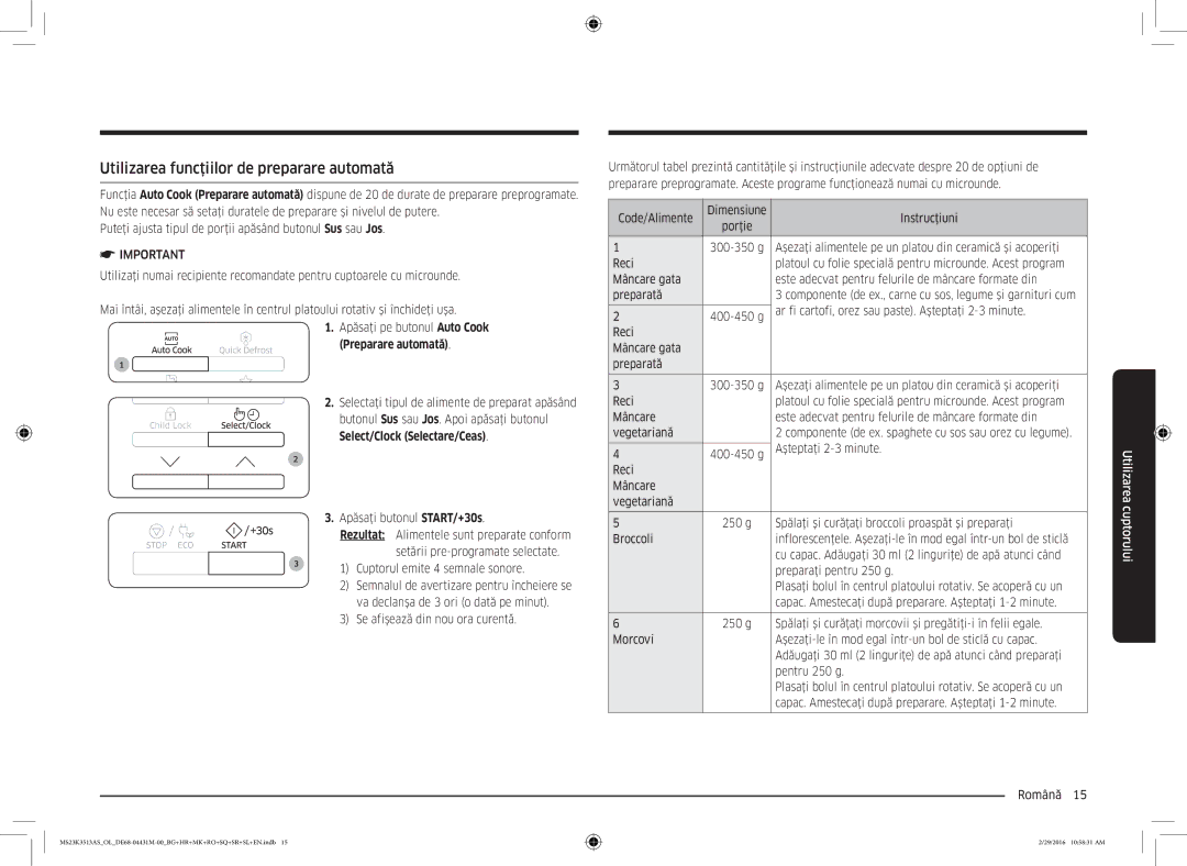 Samsung MS23K3513AK/EG, MS23K3513AK/OL manual Utilizarea funcţiilor de preparare automată, Preparare automată 