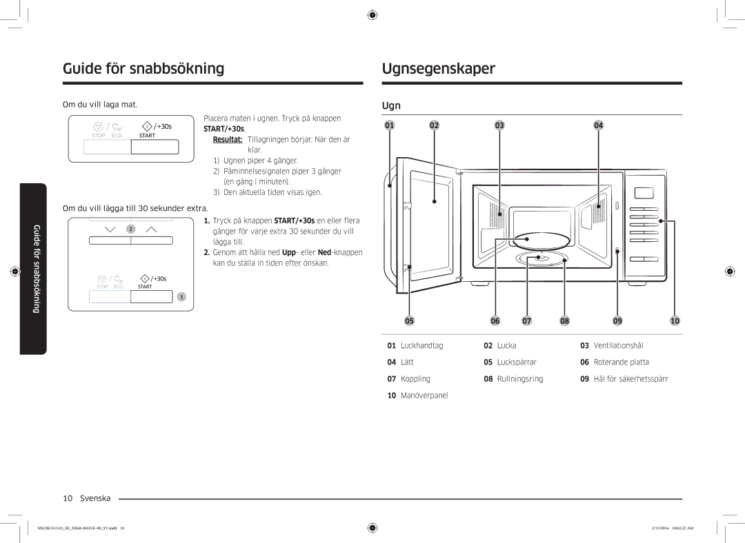 Samsung MS23K3513AS/EE, MS23K3513AW/EE manual Guide för snabbsökning, Ugnsegenskaper, 10 Manöverpanel 