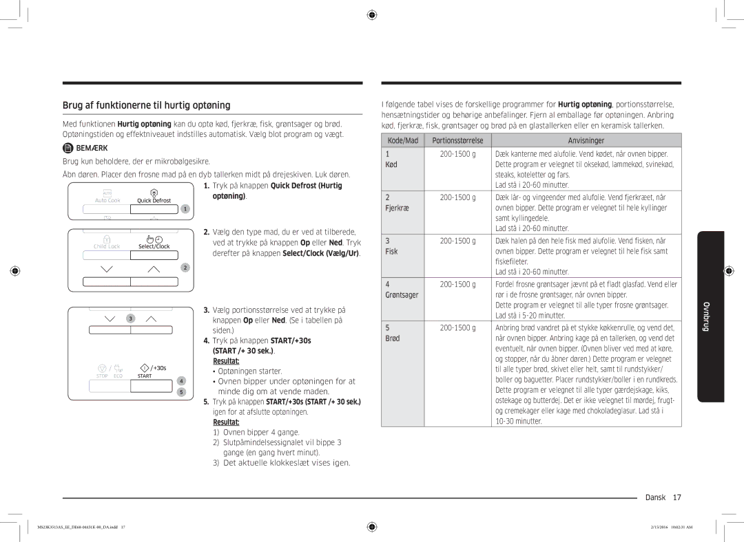 Samsung MS23K3513AW/EE, MS23K3513AS/EE manual Brug af funktionerne til hurtig optøning, Optøning 