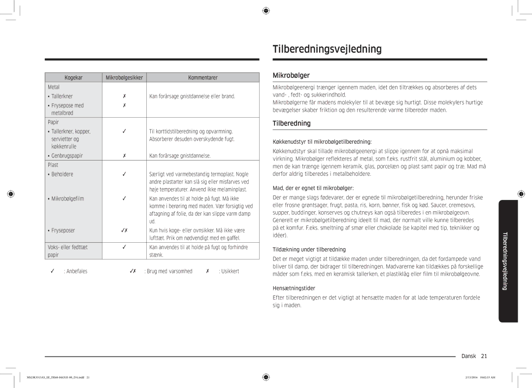 Samsung MS23K3513AW/EE manual Tilberedningsvejledning, Plast Beholdere, Høje temperaturer. Anvend ikke melaminplast 