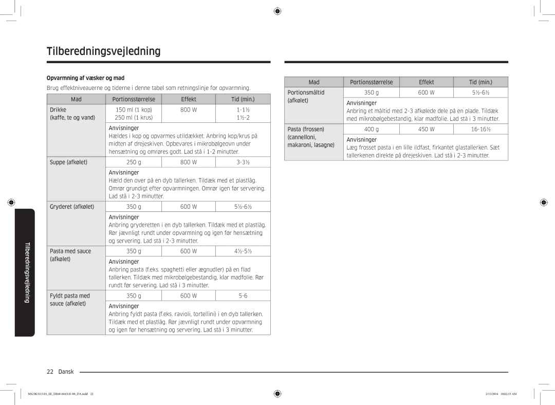 Samsung MS23K3513AS/EE, MS23K3513AW/EE manual Opvarmning af væsker og mad 