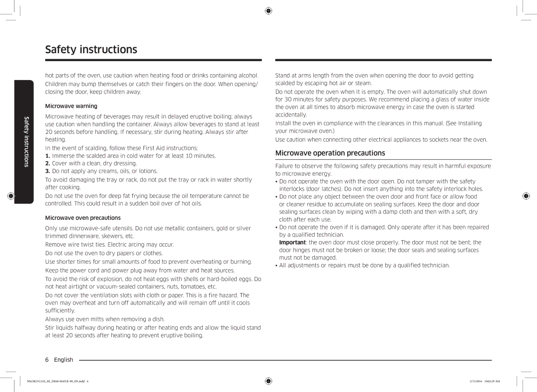 Samsung MS23K3513AS/EE, MS23K3513AW/EE manual Microwave operation precautions 