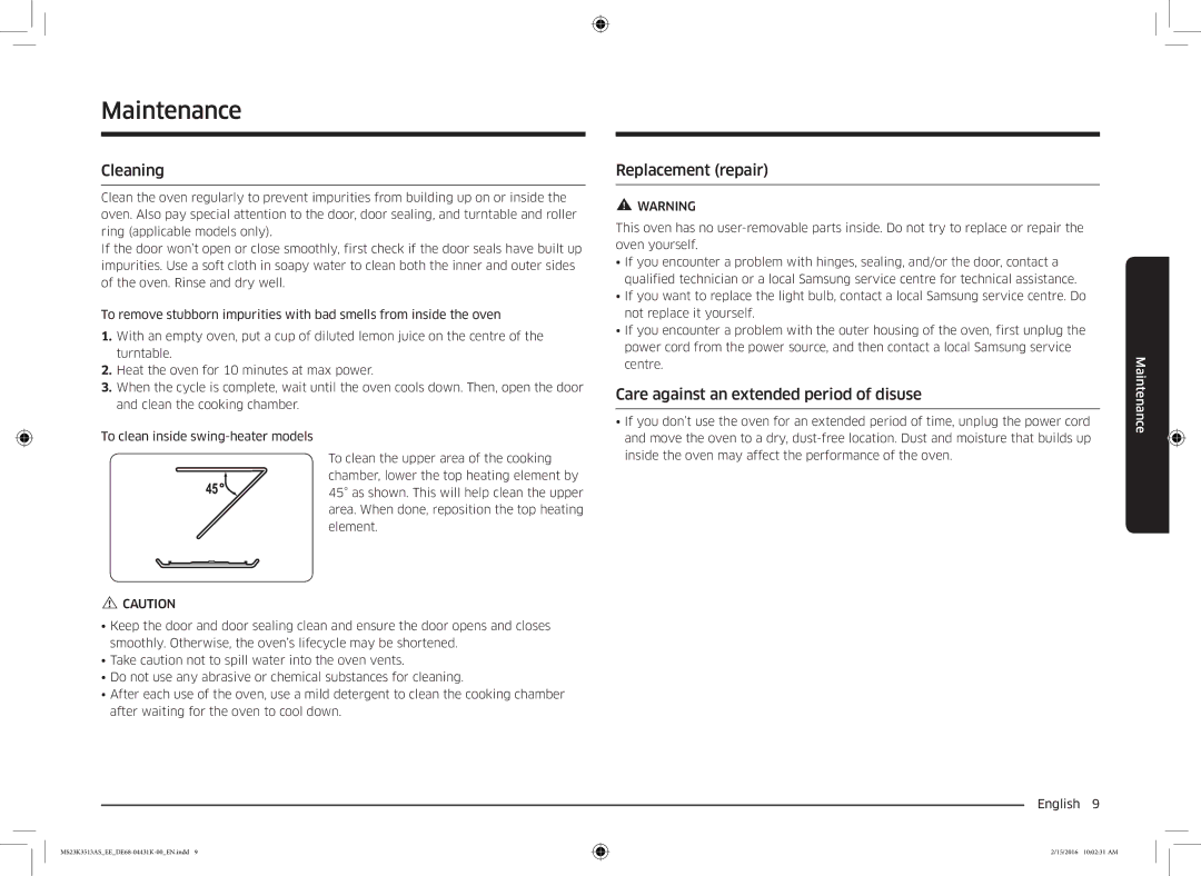 Samsung MS23K3513AW/EE manual Maintenance, Cleaning, Replacement repair, Care against an extended period of disuse 