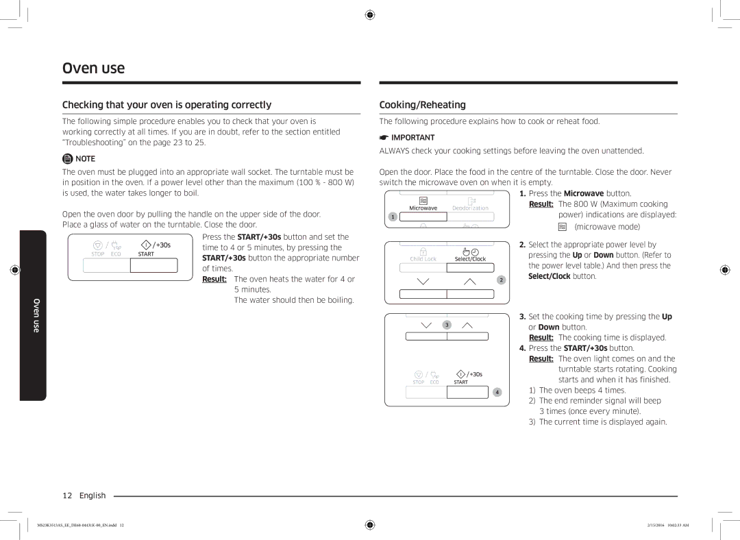 Samsung MS23K3513AS/EE, MS23K3513AW/EE manual Checking that your oven is operating correctly, Cooking/Reheating 