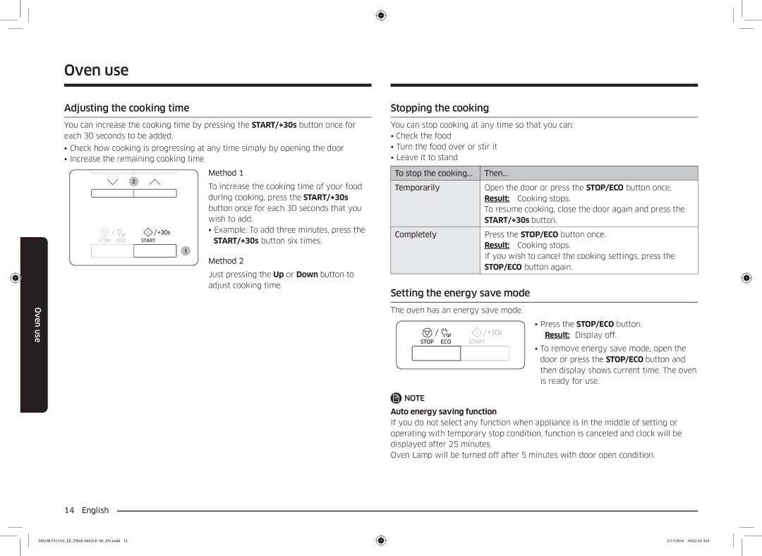 Samsung MS23K3513AS/EE manual Adjusting the cooking time, Stopping the cooking, Setting the energy save mode, Result 