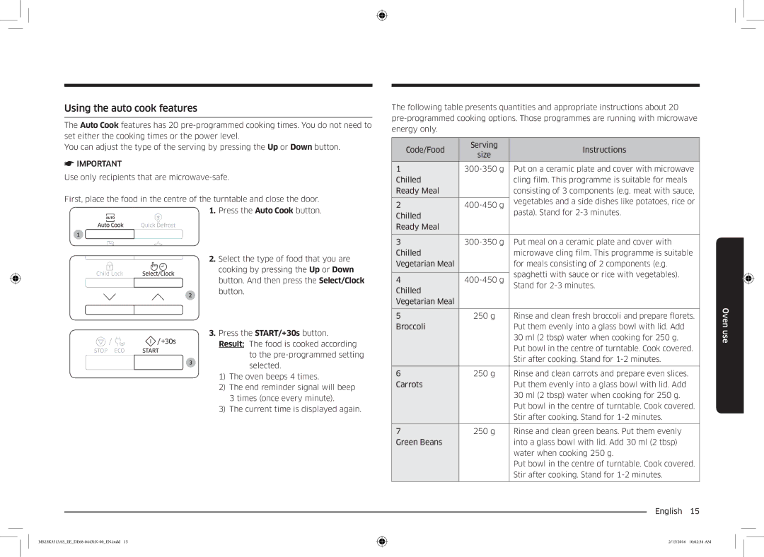 Samsung MS23K3513AW/EE, MS23K3513AS/EE manual Using the auto cook features 