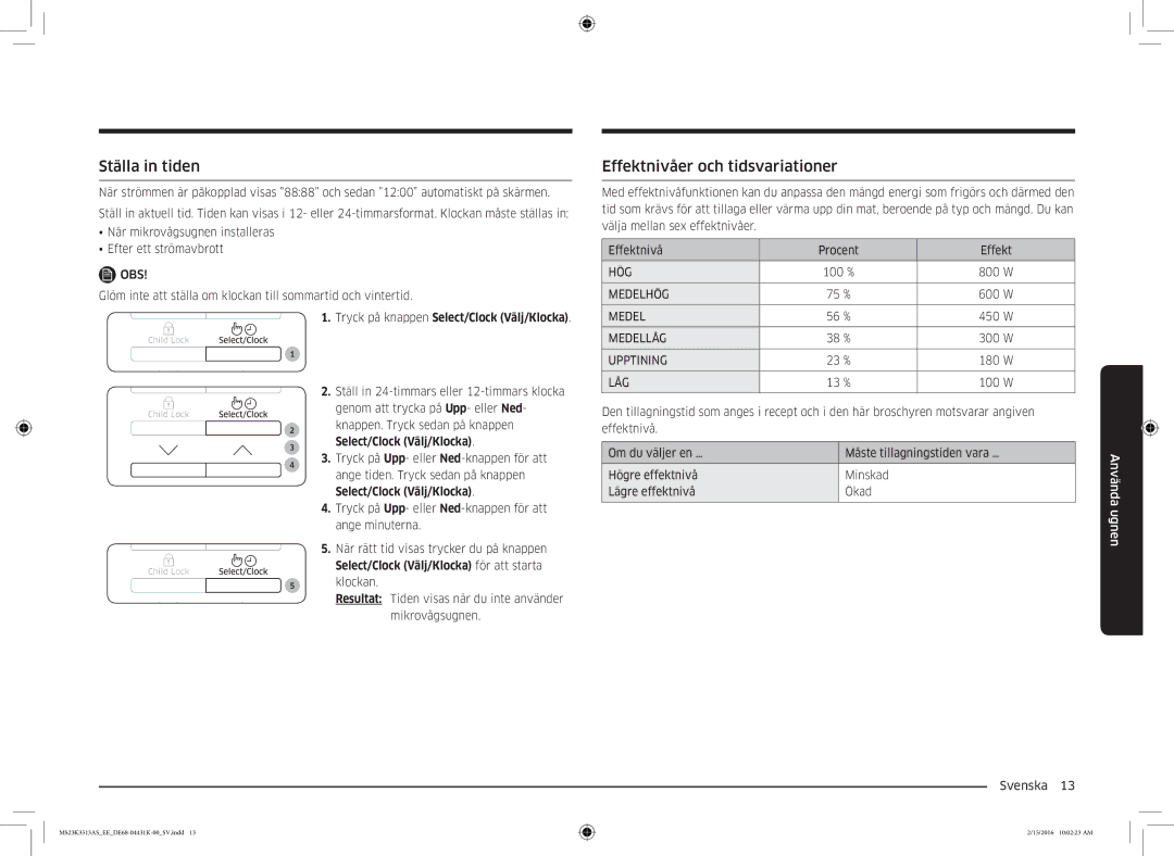 Samsung MS23K3513AW/EE manual Ställa in tiden, Effektnivåer och tidsvariationer, Tryck på knappen Select/Clock Välj/Klocka 