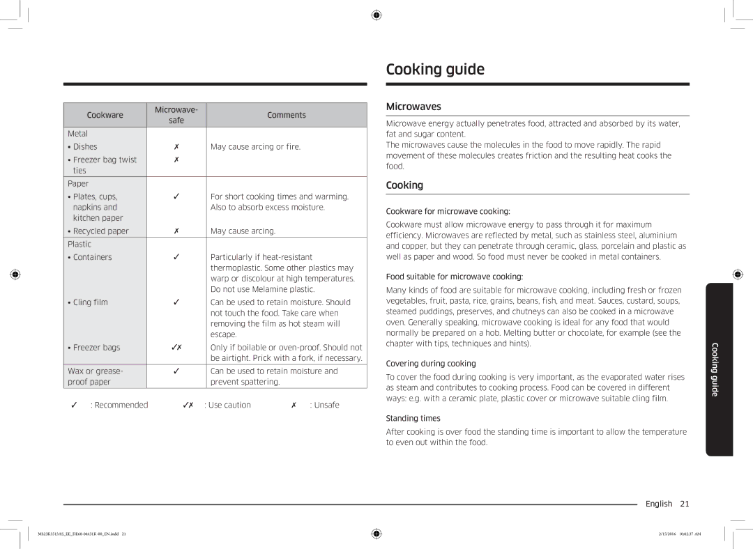 Samsung MS23K3513AW/EE, MS23K3513AS/EE manual Cooking guide, Microwaves, Cookware Microwave Comments 