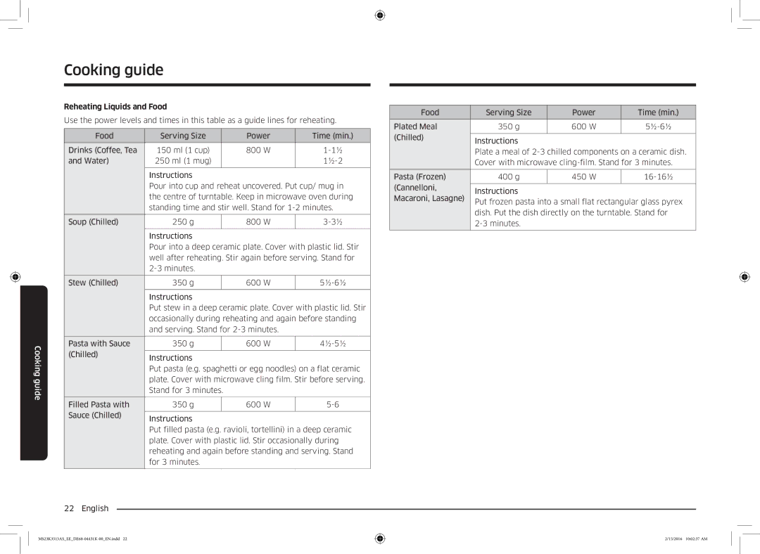 Samsung MS23K3513AS/EE, MS23K3513AW/EE manual Reheating Liquids and Food 