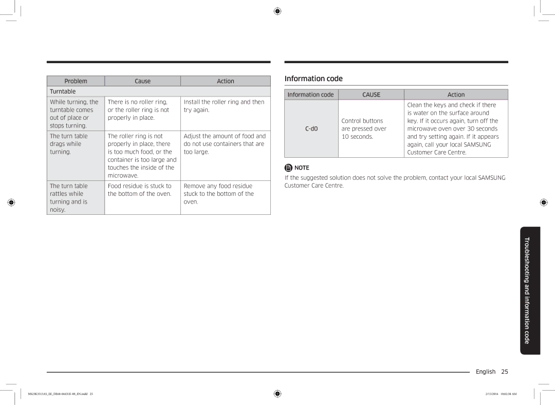 Samsung MS23K3513AW/EE manual Information code, Cause, Clean the keys and check if there, Is water on the surface around 