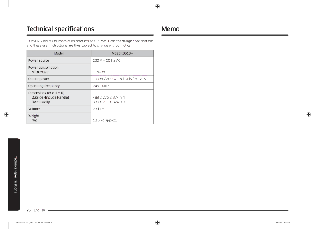 Samsung MS23K3513AS/EE, MS23K3513AW/EE manual Technical specifications Memo 