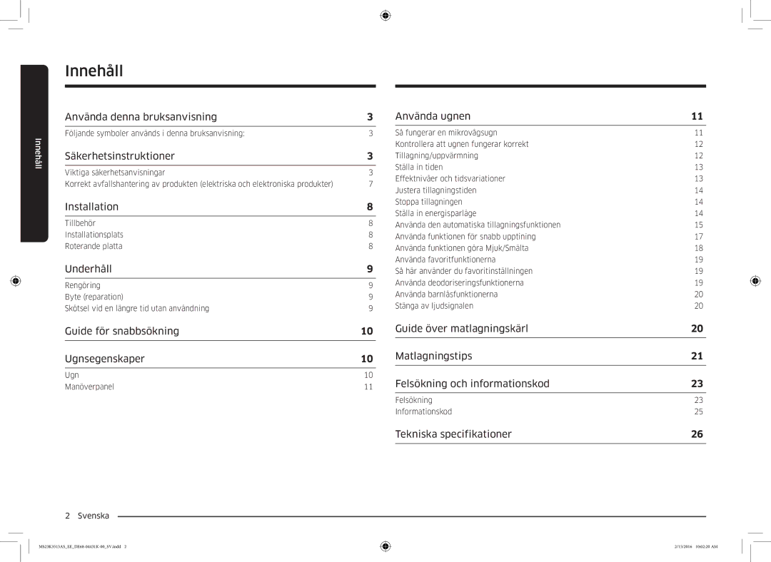 Samsung MS23K3513AS/EE, MS23K3513AW/EE manual Innehåll 