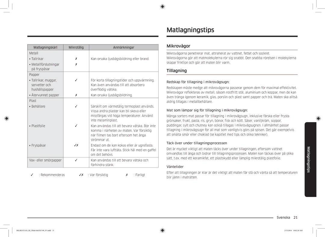 Samsung MS23K3513AW/EE, MS23K3513AS/EE manual Matlagningstips, Mikrovågor, Tillagning 