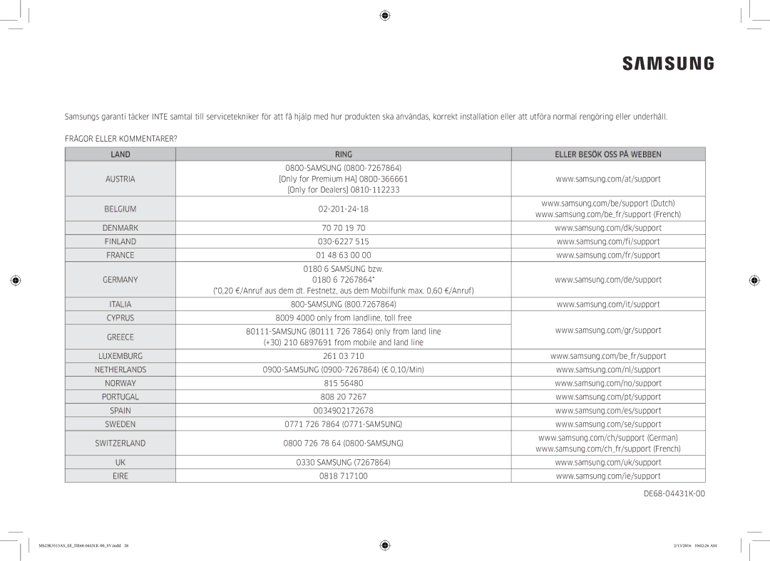 Samsung MS23K3513AS/EE, MS23K3513AW/EE manual Finland, Eire 