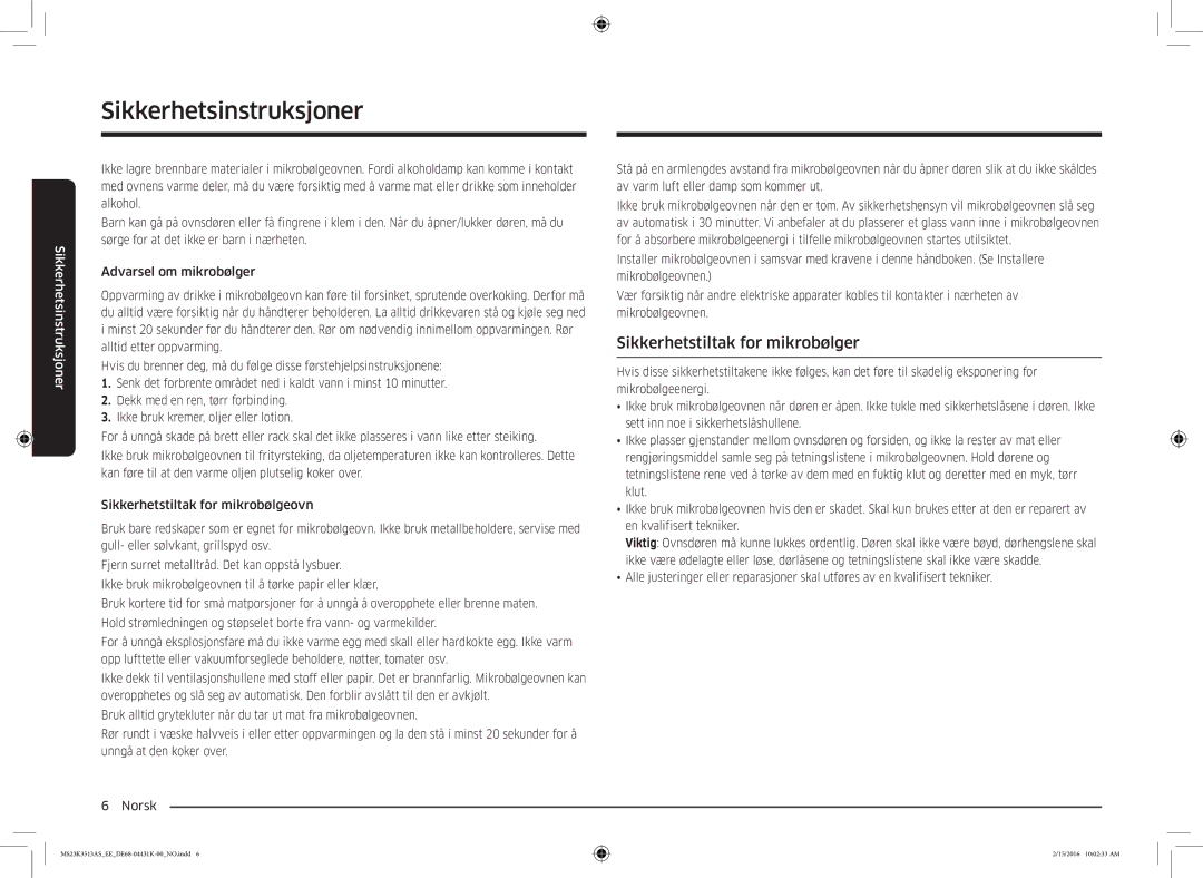 Samsung MS23K3513AS/EE, MS23K3513AW/EE manual Sikkerhetstiltak for mikrobølger 