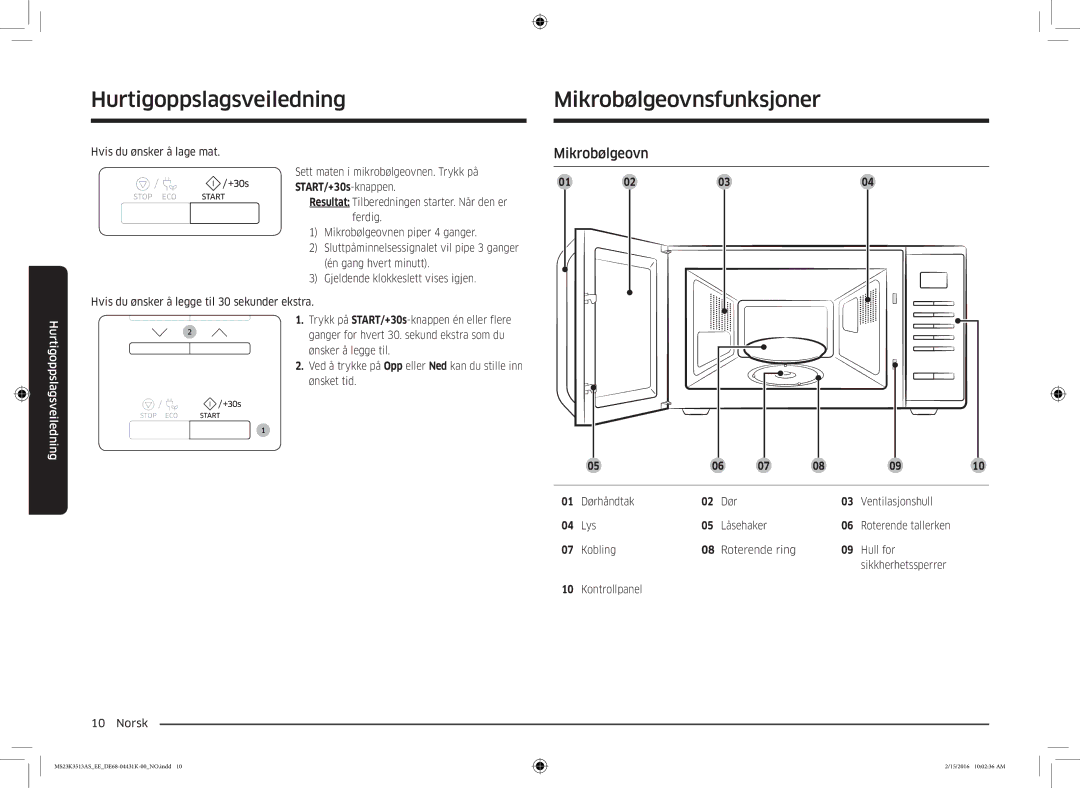 Samsung MS23K3513AS/EE, MS23K3513AW/EE manual Hurtigoppslagsveiledning, Mikrobølgeovnsfunksjoner 