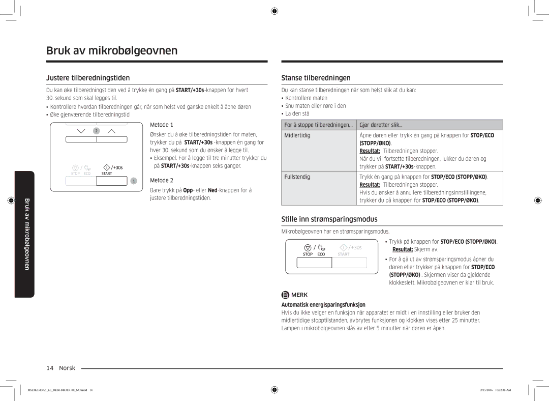 Samsung MS23K3513AS/EE, MS23K3513AW/EE Justere tilberedningstiden, Stanse tilberedningen, Stille inn strømsparingsmodus 