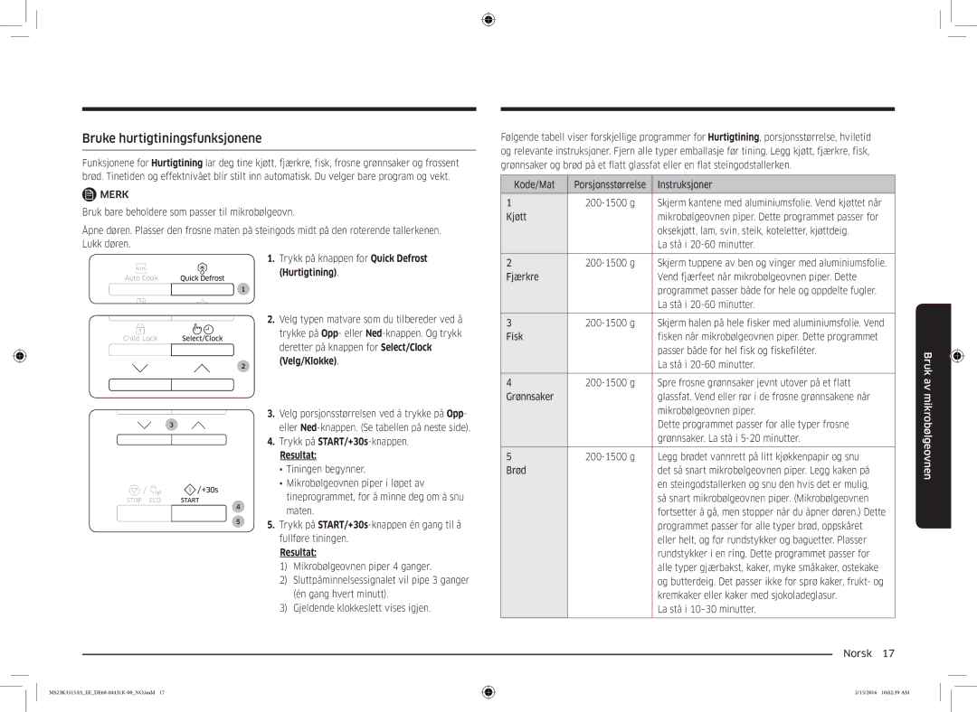 Samsung MS23K3513AW/EE, MS23K3513AS/EE manual Bruke hurtigtiningsfunksjonene 