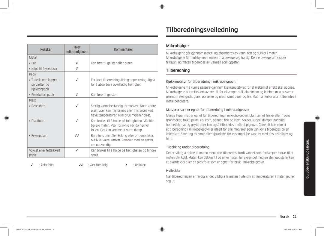 Samsung MS23K3513AW/EE, MS23K3513AS/EE manual Tilberedningsveiledning, Mikrobølger 