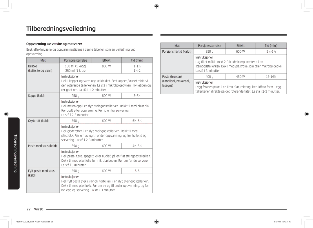 Samsung MS23K3513AS/EE, MS23K3513AW/EE manual Oppvarming av væske og matvarer 