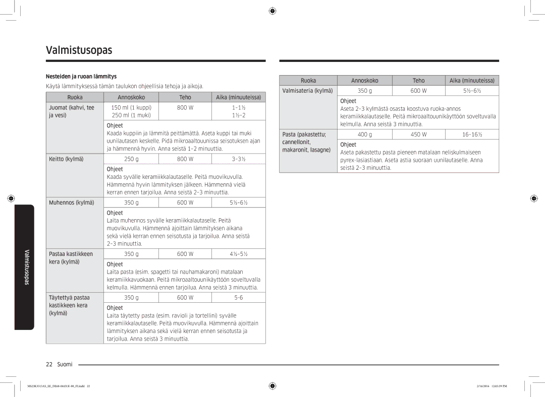 Samsung MS23K3513AS/EE, MS23K3513AW/EE manual Nesteiden ja ruoan lämmitys 