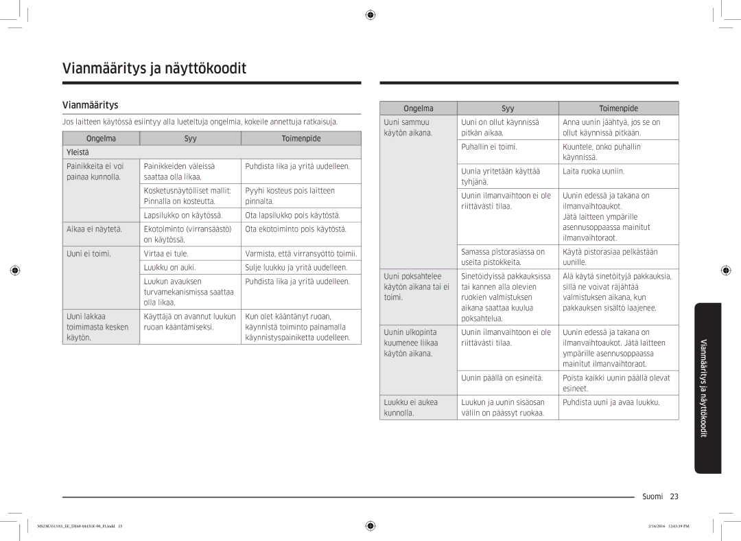 Samsung MS23K3513AW/EE, MS23K3513AS/EE manual Vianmääritys ja näyttökoodit 