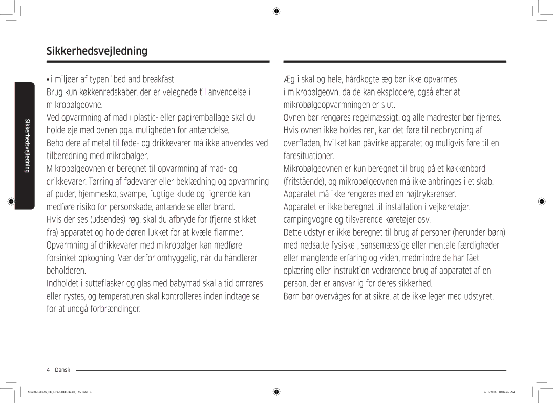 Samsung MS23K3513AS/EE, MS23K3513AW/EE manual Sikkerhedsvejledning 