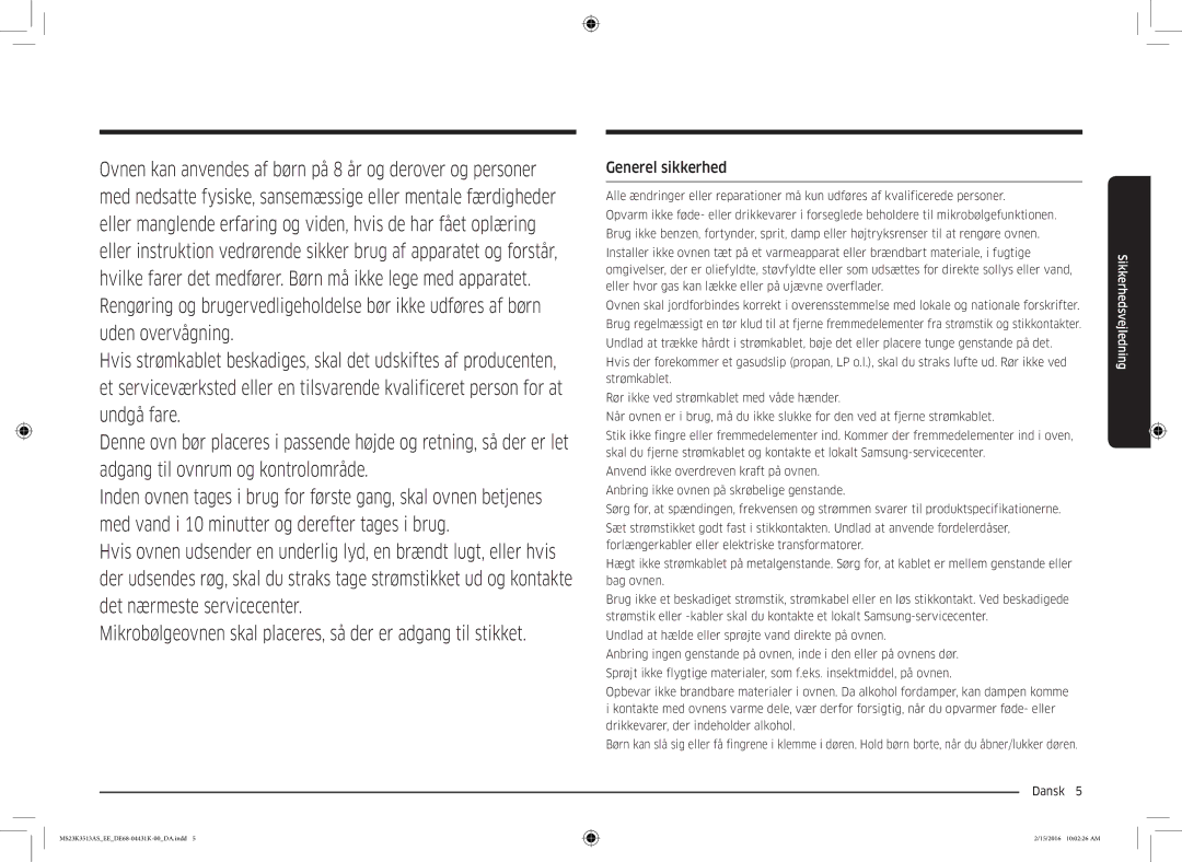 Samsung MS23K3513AW/EE, MS23K3513AS/EE manual Generel sikkerhed 