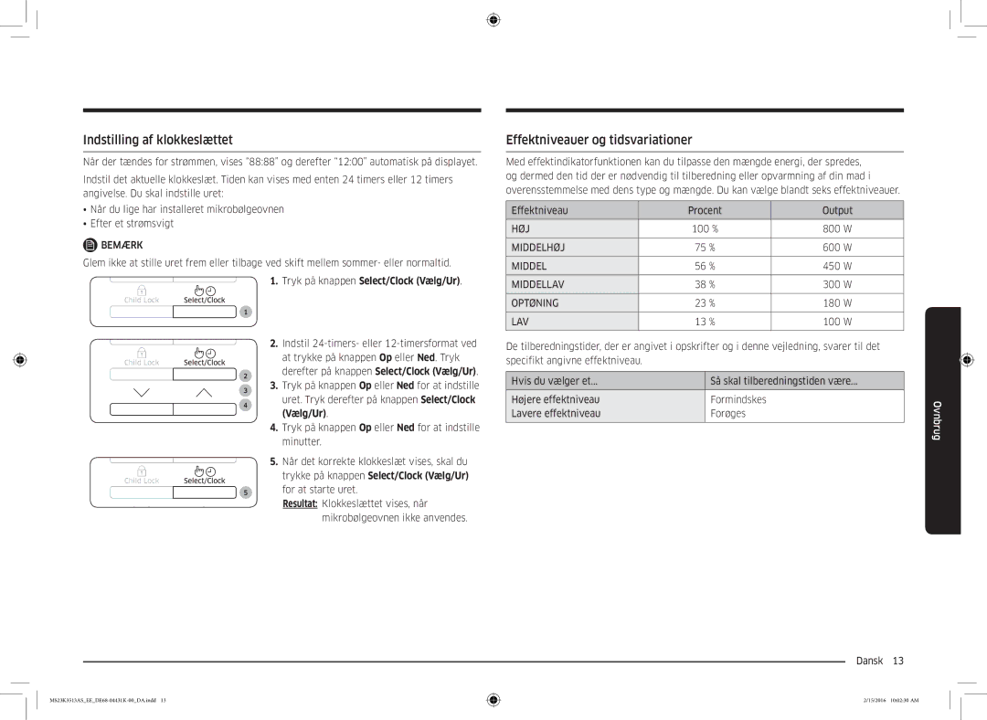 Samsung MS23K3513AW/EE, MS23K3513AS/EE manual Indstilling af klokkeslættet, Effektniveauer og tidsvariationer 