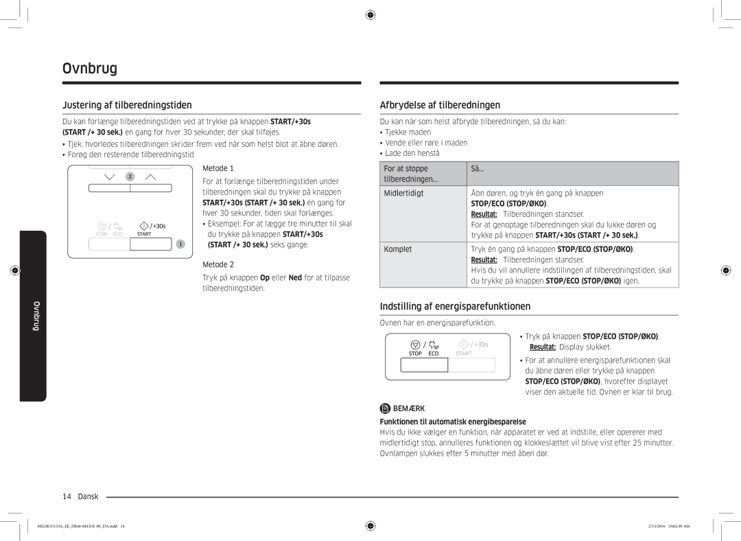 Samsung MS23K3513AS/EE Justering af tilberedningstiden, Afbrydelse af tilberedningen, Indstilling af energisparefunktionen 