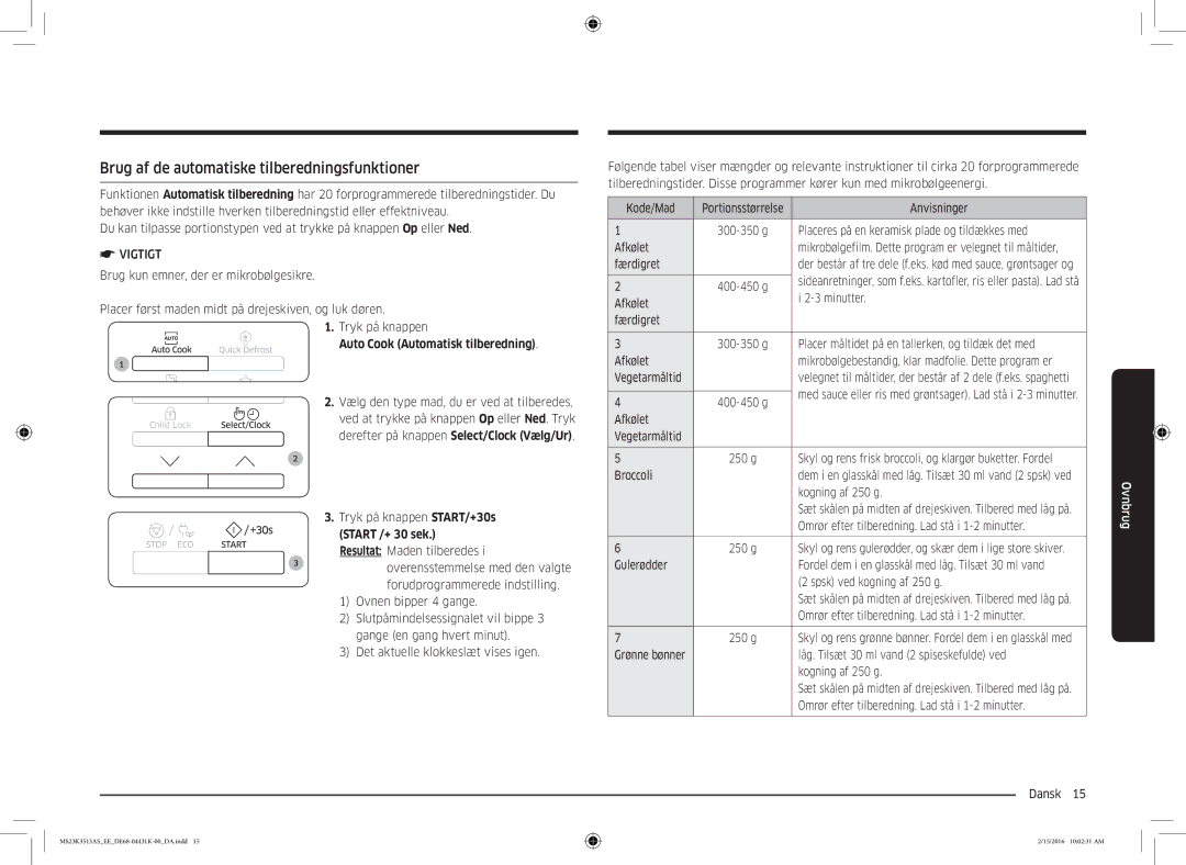 Samsung MS23K3513AW/EE Brug af de automatiske tilberedningsfunktioner, Auto Cook Automatisk tilberedning, Start /+ 30 sek 