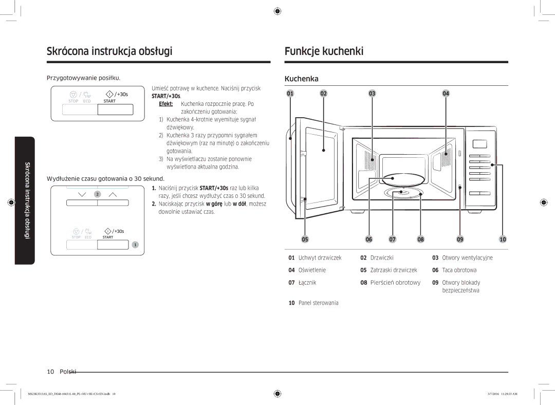 Samsung MS23K3513AS/EO Skrócona instrukcja obsługi, Funkcje kuchenki, Kuchenka, Uchwyt drzwiczek Drzwiczki, Oświetlenie 