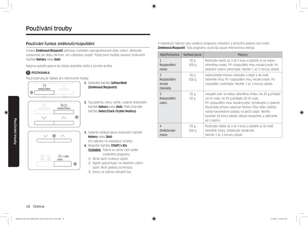 Samsung MS23K3513AS/EO manual Používání funkce změknutí/rozpuštění, Změknout/Rozpustit, Tlačítko Select/Clock Výběr/Hodiny 