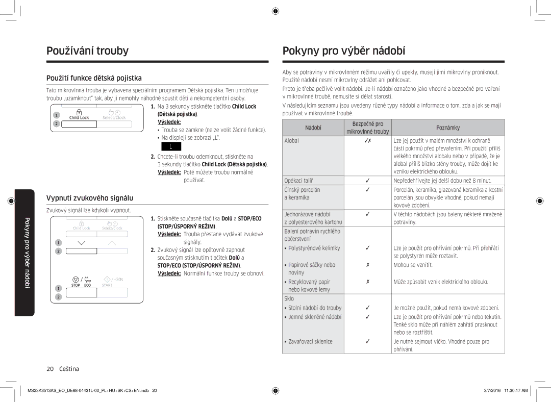 Samsung MS23K3513AS/EO Pokyny pro výběr nádobí, Použití funkce dětská pojistka, Vypnutí zvukového signálu, Dětská pojistka 