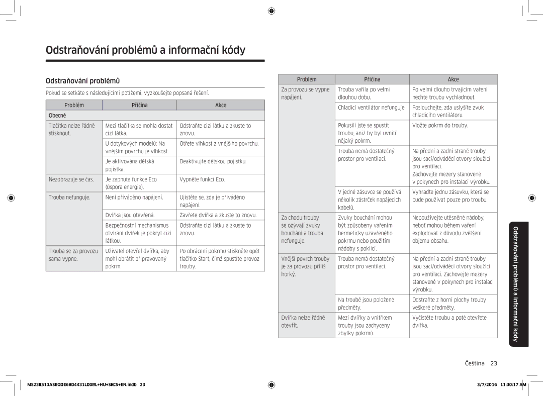 Samsung MS23K3513AS/EO manual Odstraňování problémů a informační kódy 