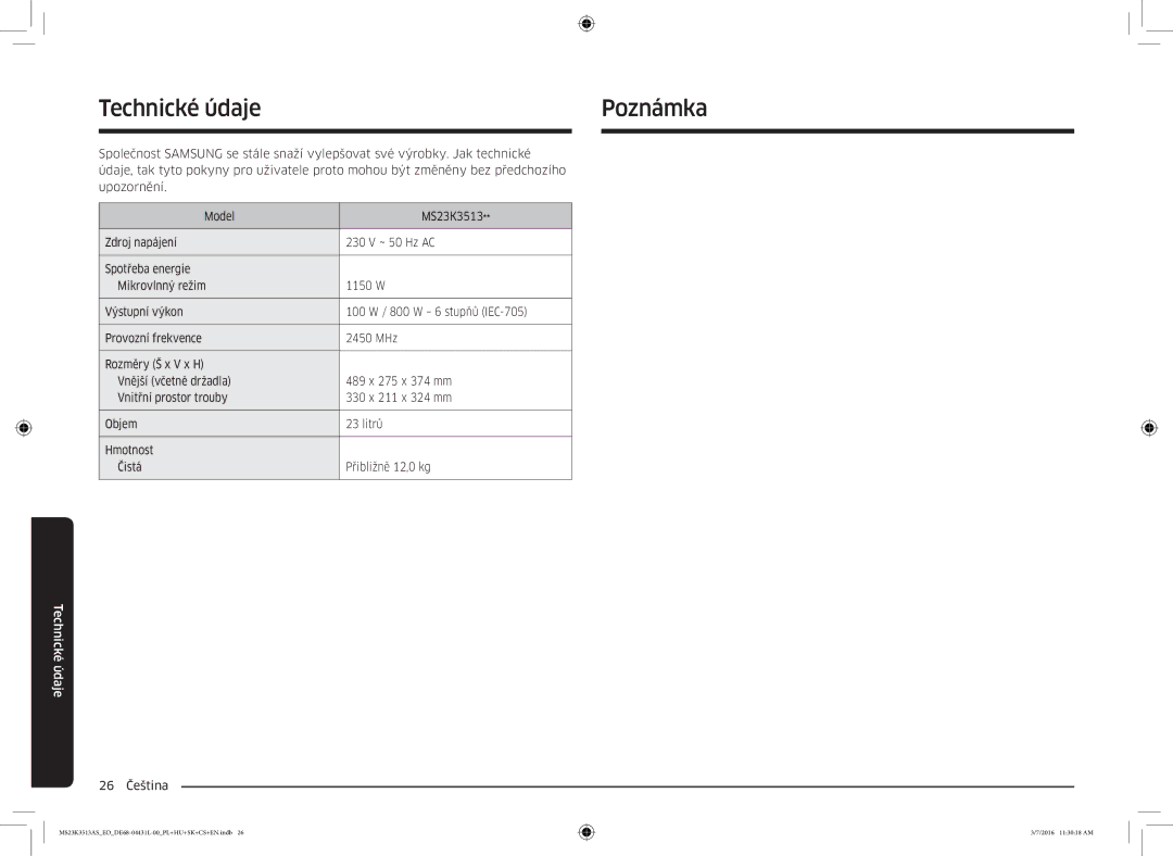 Samsung MS23K3513AS/EO manual Technické údaje Poznámka, 26 Čeština 