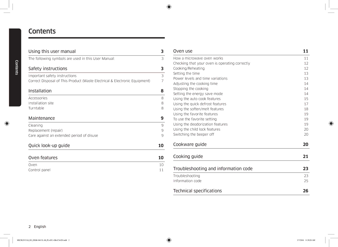 Samsung MS23K3513AS/EO manual Contents 