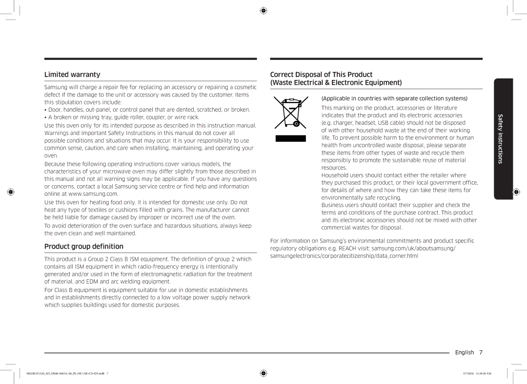 Samsung MS23K3513AS/EO manual Limited warranty, Product group definition 