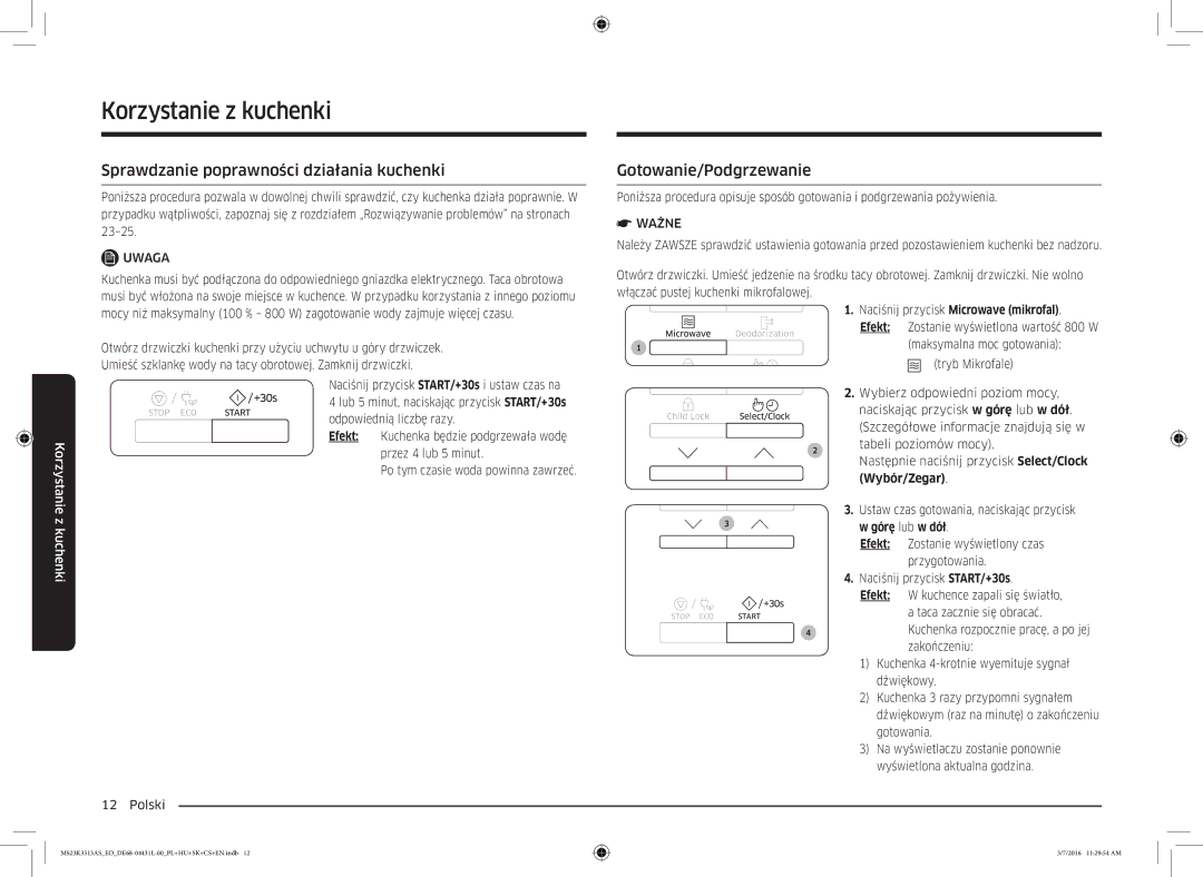 Samsung MS23K3513AS/EO manual Sprawdzanie poprawności działania kuchenki, Gotowanie/Podgrzewanie, Górę lub w dół, Efekt 