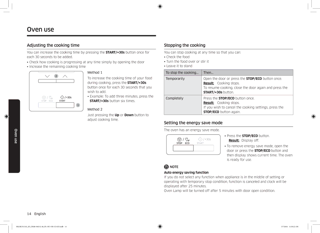 Samsung MS23K3513AS/EO manual Adjusting the cooking time, Stopping the cooking, Setting the energy save mode, Result 