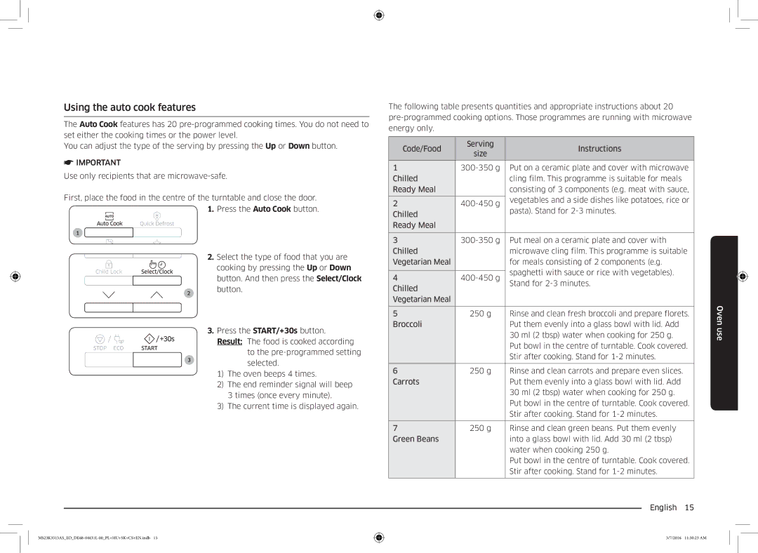 Samsung MS23K3513AS/EO manual Using the auto cook features 